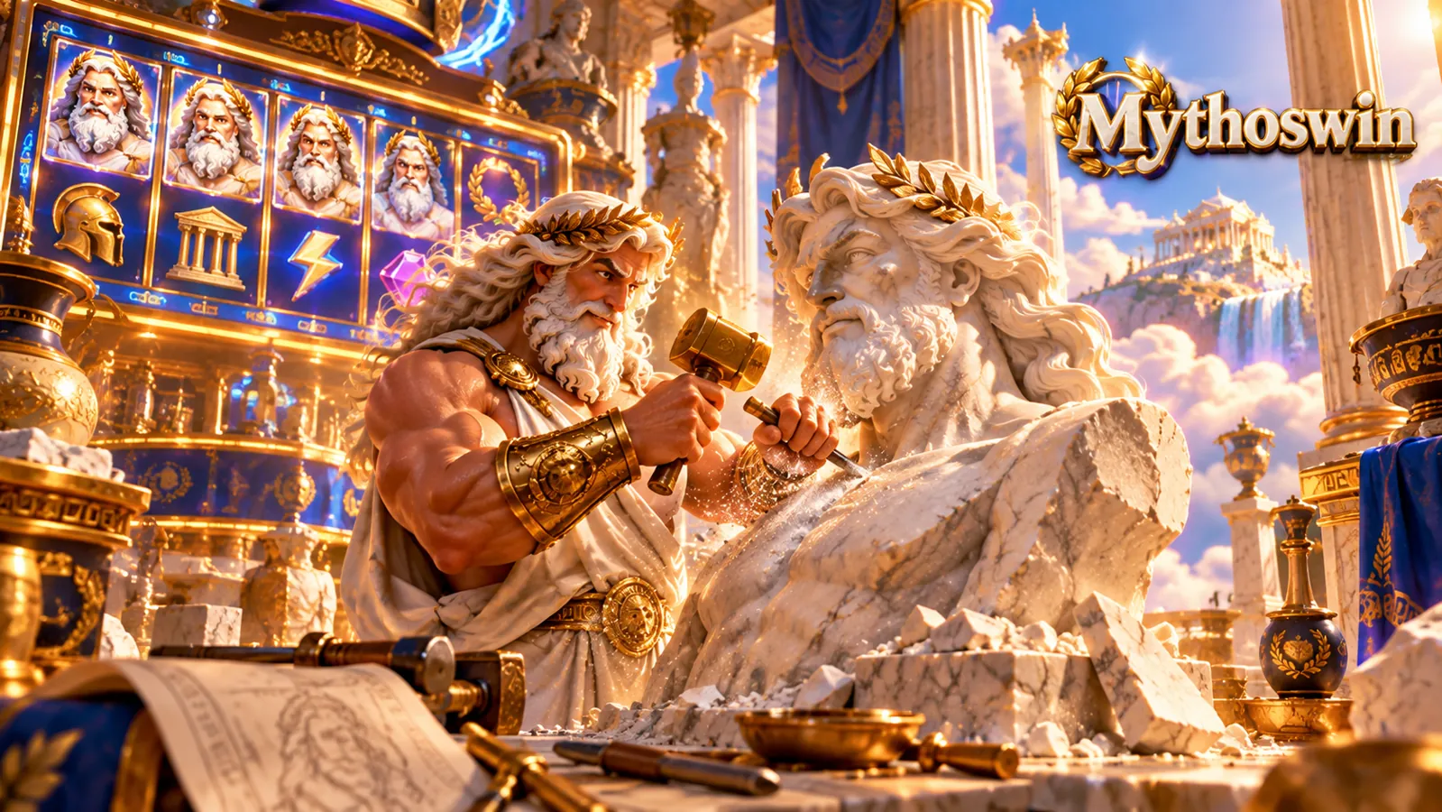 Zeus sculpting a marble statue in the Mythoswin hall of slots