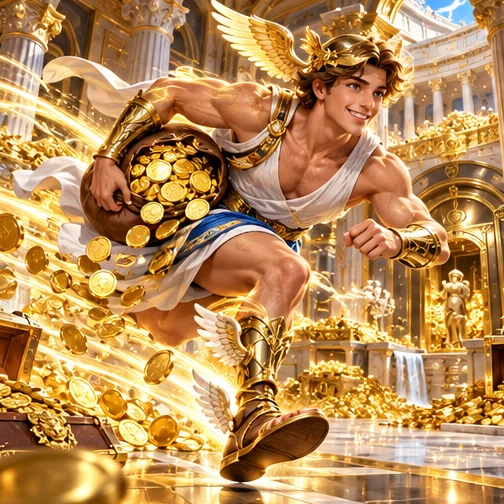 Hermes racing through a golden hall with a sack of coins — fast Mythoswin withdrawals